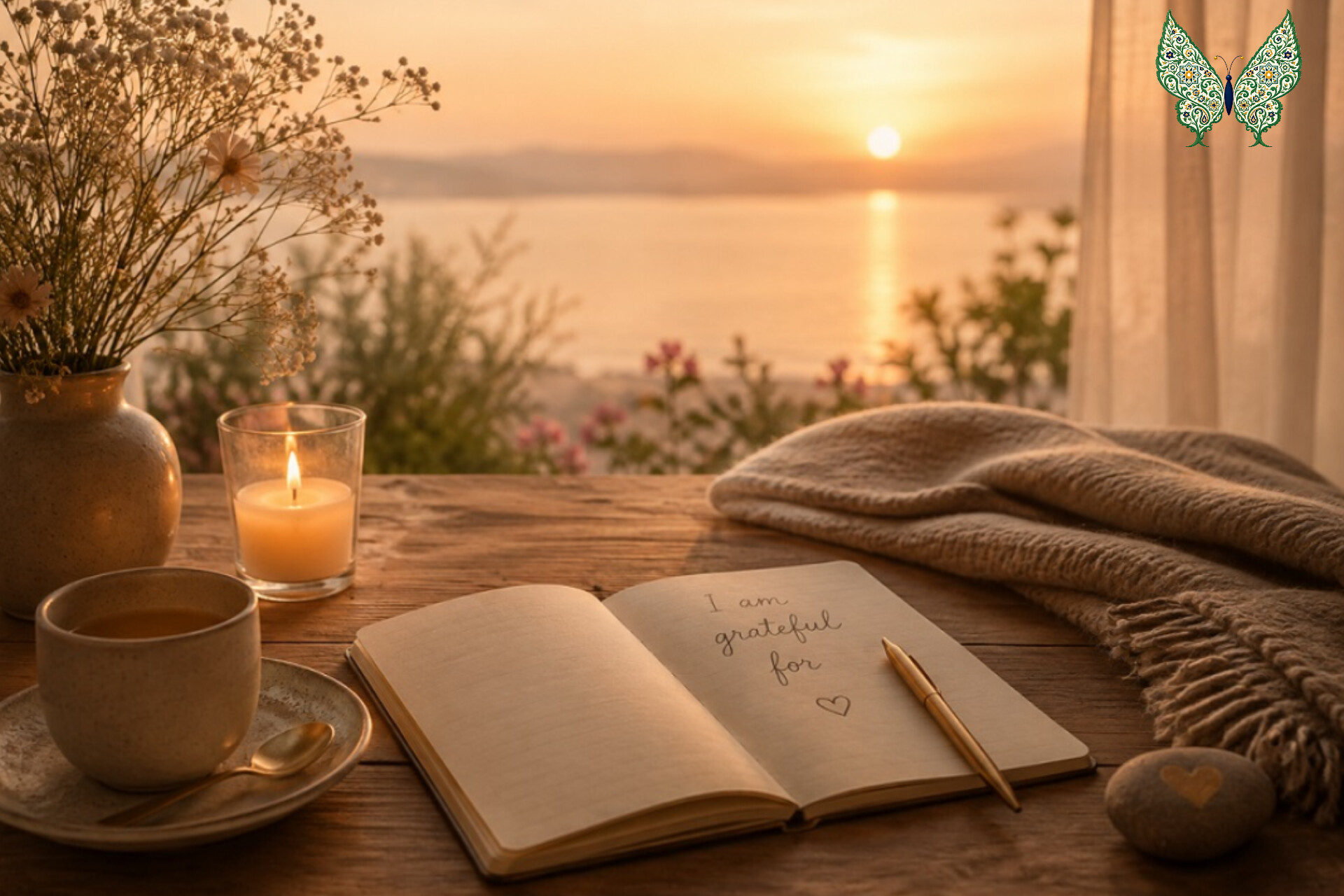 دفترچه شکرگزاری و فنجان چای روی میز چوبی در نور صبح